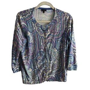 Talbots Women L Purple Blue Paisley Cotton Blend Button Up 3/4 Sleeves Cardigan